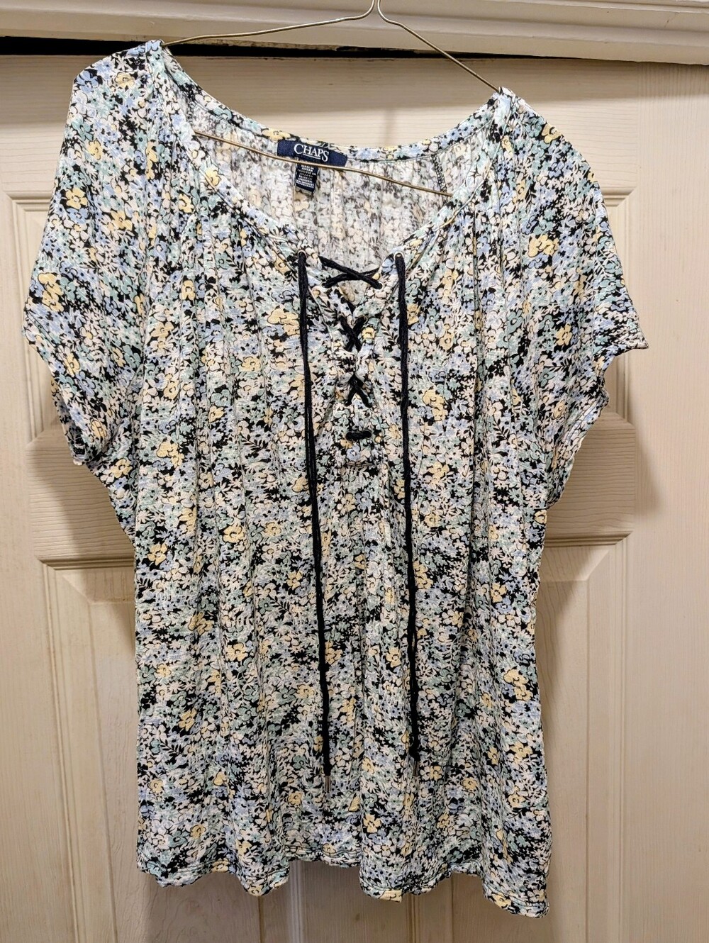 Chaps Blue and Yellow Floral Lace-Up Short Sleeve Blouse Size 1x